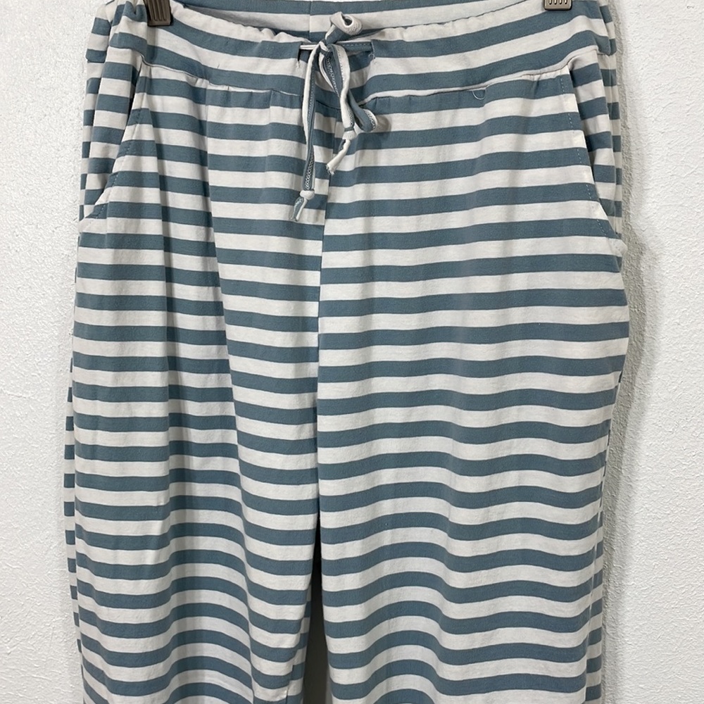 Abollria blue and white striped pajama bottoms, tie waist, side pockets